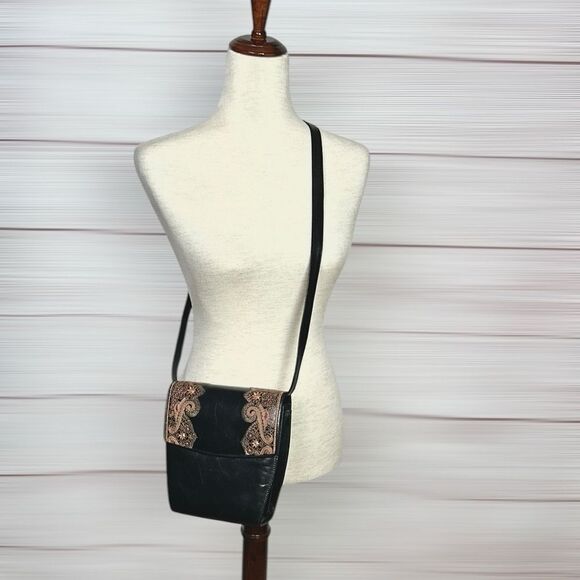 Oscar De La Renta Studio Black Leather Crossbody Shoulder Bag Purse Embroidered - Picture 8 of 16